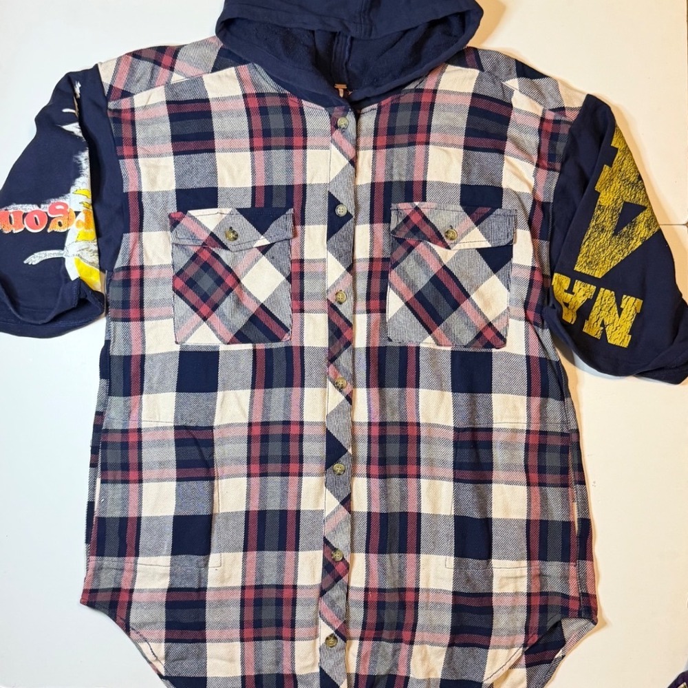 Free People Hooded Flannel Shirt Womens M Navy Plaid Shirt NWT
